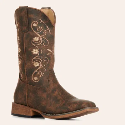 Roper Babies' Toddler Bailey Brown & Tan Embroidered Faux Leather Wide Square Toe Cowboy Boots