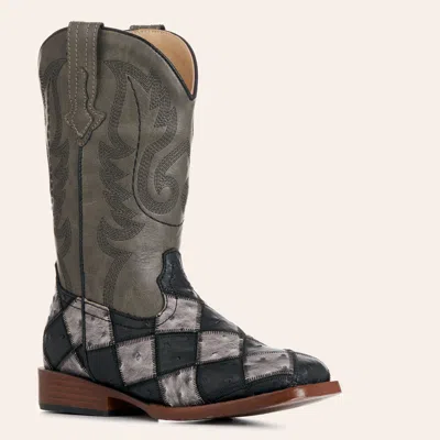 Roper Babies' Toddler Bird Blocks Black & Gray Faux Ostrich Wide Square Toe Cowboy Boots