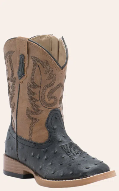 Roper Babies' Toddler Black Ostrich Print With Tan Square Toe Cowboy Boots