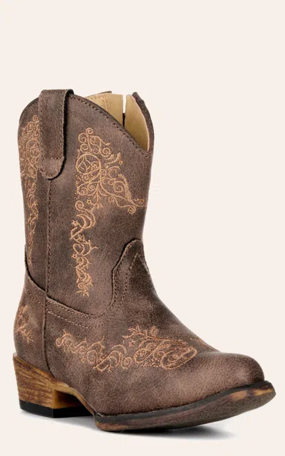 Roper Babies' Toddler Girls' Riley Scroll Vintage Brown Faux Leather Snip Toe Cowboy Boots