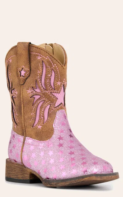 Roper Babies' Toddler's Pink Glitter And Brown Starlet Leather Short Square Toe Cowboy Boots