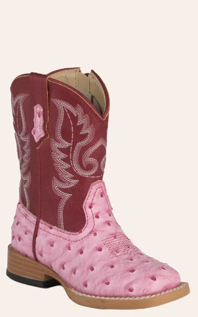 Roper Babies' Toddler Pink Ostrich Print With Dark Pink Square Toe Cowboy Boots