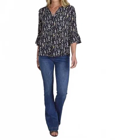 Roper Vintage Floral Bell Sleeve Pullover Shirt In Black In Blue