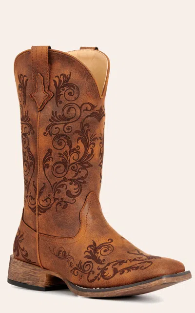 Roper Women's Bailey Brown Laser-etched Faux Leather Wide Square Toe Cowboy Boots In Multi