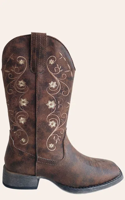 Roper Women's Bailey Brown With Floral Embroidery Wide Square Toe Cowboy Boots
