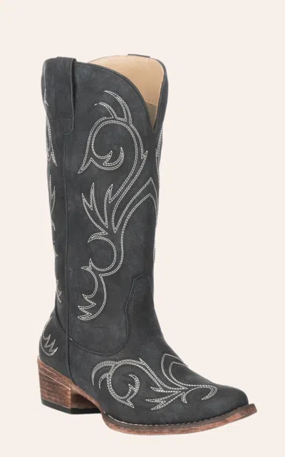 Roper Women's Black Faux Leather With White Stitching Snip Toe Cowboy Boots