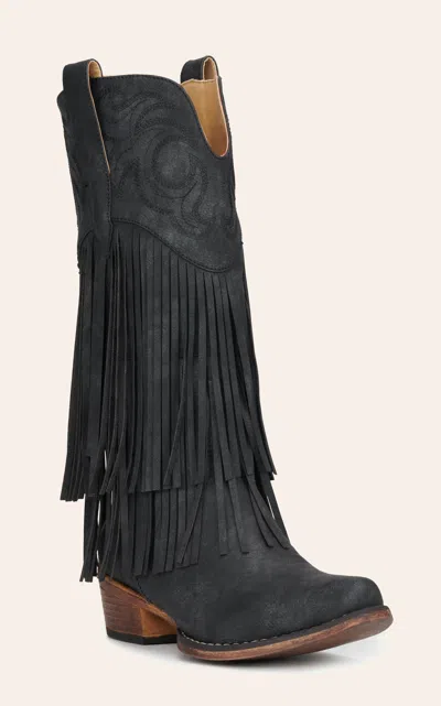Roper Women's Black Faux Suede With Fringe Snip Toe Cowboy Boots
