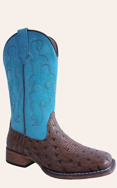 Roper Women's Brown & Turquoise Ostrich Print Square Toe Cowboy Boots