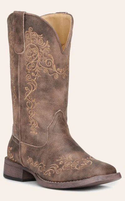 Roper Women's Brown Bomber With Scroll Embroidery Wide Square Toe Cowboy Boots