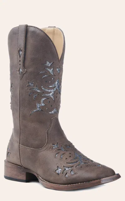 Roper Women's Brown Faux Leather With Metallic Silver Glitter Inlay Square Toe Cowboy Boot