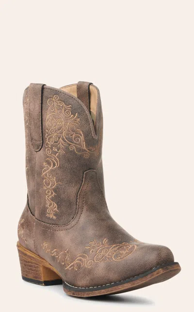 Roper Women's Brown With Scroll Embroidery Snip Toe Cowboy Booties