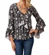Roper Women Ikat Long Sleeves Ruffled Blouse In Black In Multi