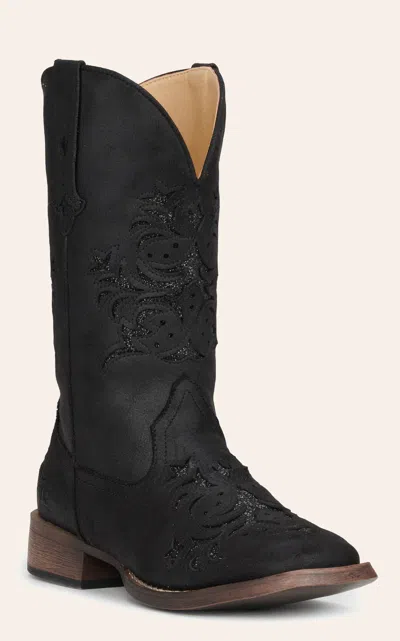 Roper Women's Kennedy Black With Glitter Inlay Wide Square Toe Cowboy Boots