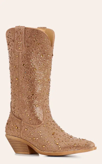 Roper Women's Nettie Crystal Tan Faux Leather Snip Toe Cowboy Boots In Gold