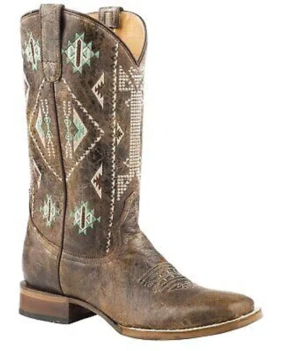 Pre-owned Roper Women's Out West Southwestern Embroidered Western Boot Broad Square Toe In Brown