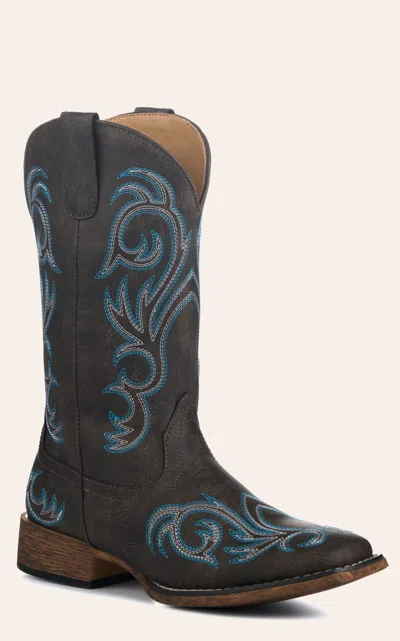 Roper Women's Riley Brown With Blue Embroidery Faux Leather Wide Square Toe Cowboy Boots In Black