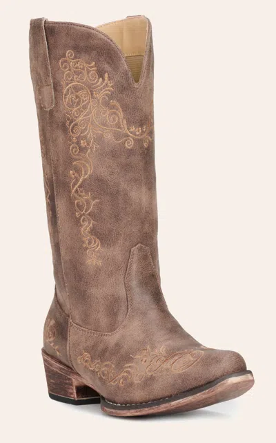 Roper Women's Riley Brown With Embroidered Scrollwork Snip Toe Cowboy Boots