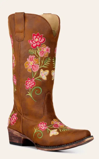 Roper Women's Riley Brown With Floral Embroidery Faux Leather Snip Toe Cowboy Boots