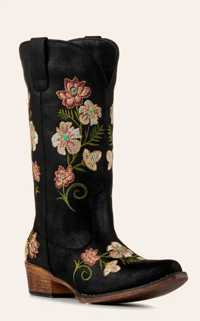 Roper Women's Riley Floral Black With Floral Embroidery Snip Toe Cowboy Boots In Multi