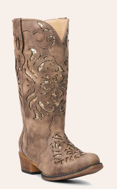 Roper Women's Riley Glitz Brown With Copper Glitter Inlay Snip Toe Cowboy Boots