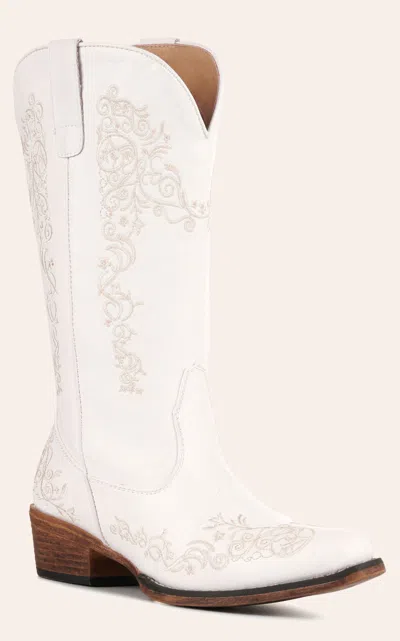 Roper Women's Riley Scroll White With Ivory Floral Embroidery Snip Toe Cowboy Boots