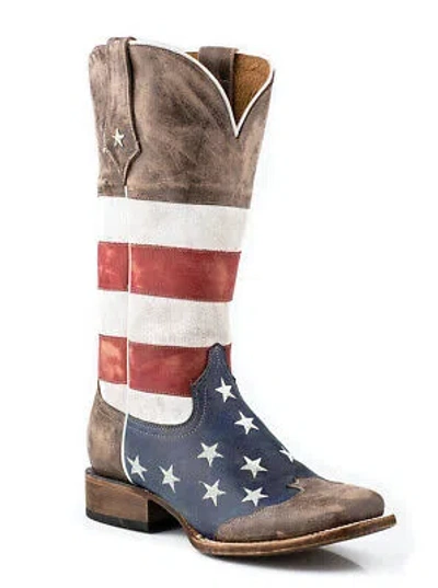 Pre-owned Roper Womens Americana Brown American Flag Square Toe Leather Cowboy Boots