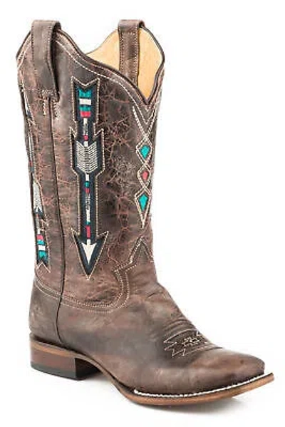 Pre-owned Roper Womens Brown Leather Arrows Wonder Cowboy Boots