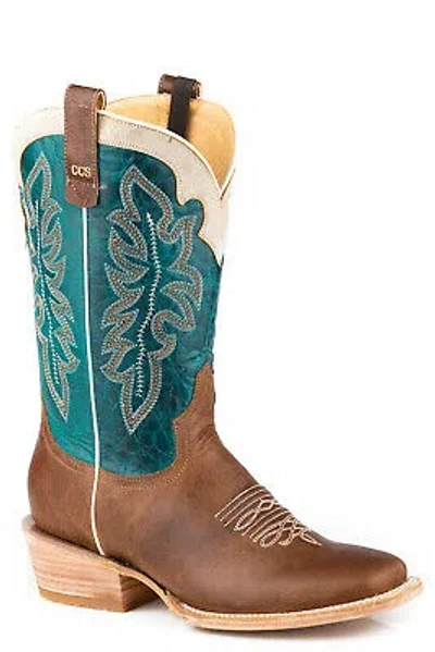 Pre-owned Roper Womens Ride Em Cowgirl Ccs Tan/turquoise Leather Cowboy Boots
