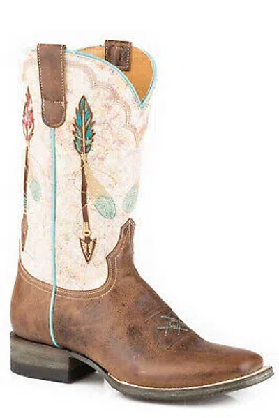 Pre-owned Roper Womens Vintage Tan Leather Arrow Feather Cowboy Boots