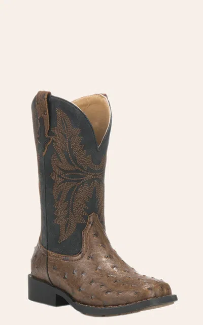 Roper Youth Black With Brown Ostrich Print Square Toe Cowboy Boots