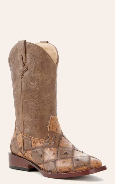 Roper Youth Brown And Tan Faux Ostrich Patchwork Square Toe Cowboy Boots