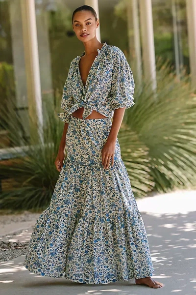 Ro's Garden Frilly 100% Cotton Midi Skirt In Blue