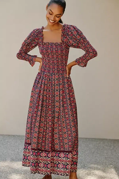 Ro's Garden Jocelyn 100% Cotton Midi Dress In Burgundy