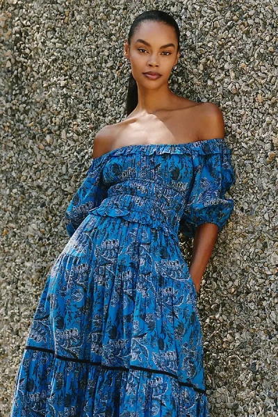 Ro's Garden Percy 100% Cotton Midi Dress In Blue