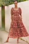 Ro's Garden Percy Puff-sleeve Midi Dress In Brown