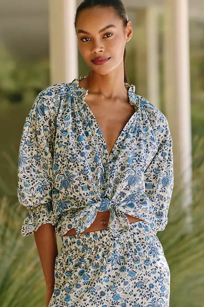 Ro's Garden Rachel 100% Cotton Shirred Shirt Top In Blue