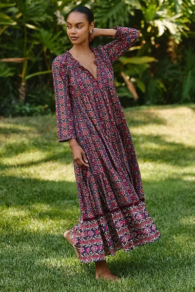 Ro's Garden Sonia 100% Cotton Maxi Dress In Burgundy