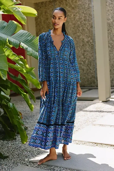 Ro's Garden Sonia Long-sleeve Tiered Maxi Dress In Blue