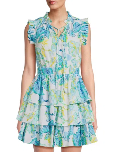 Ro's Garden Women's Bimba Floral Tiered Cotton Minidress In Blue