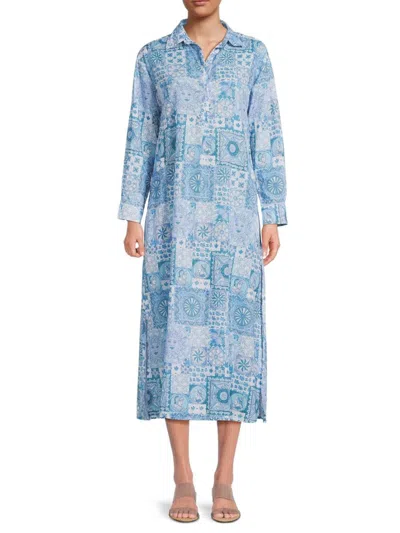 Ro's Garden Women's Brussels Printed Cotton Midi-dress In Blue