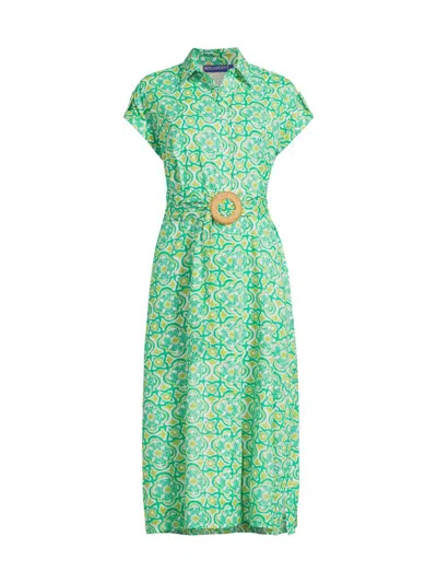 Ro's Garden Women's Catherine Belted Geometric-print Cotton Midi-shirtdress In Green