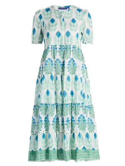 Ro's Garden Women's Daphne Floral Cotton Midi-dress In Blue