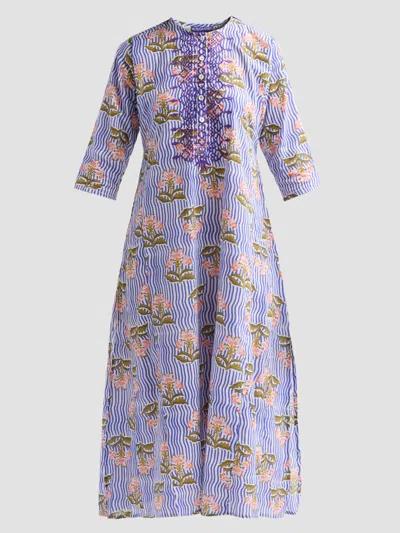 Ro's Garden Women's Kurta Floral Striped Cotton Midi Dress