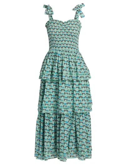 Ro's Garden Women's Spencer Printed Cotton Smocked Tiered Dress In Green