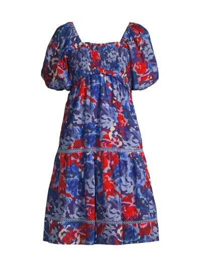 Ro's Garden Women's Tamara Floral Cotton Puff-sleeve Midi-dress In Blue Bikaner