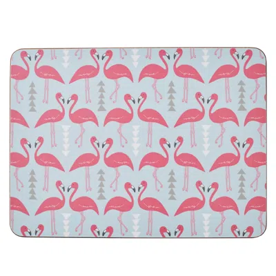 Rosa & Clara Designs Pink / Grey / Blue Flamingo Flourish Placemats Set Of Four Large In Multi