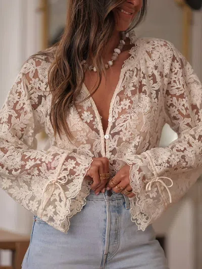 Rosa Clothing Boho Lace Floral Sheer Blouse In Beige In White
