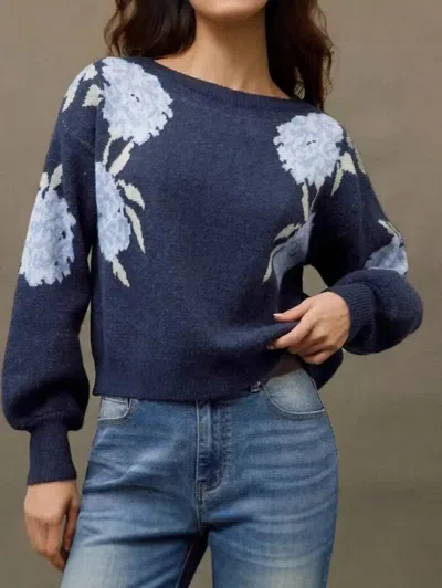 Rosa Clothing Casual Vintage Floral Pattern Pullover Sweater - Plus In Blue In Multi