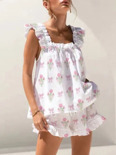 Rosa Clothing Floral & Ribbon Bow Print Ruffled Top And Shorts Set In Pink