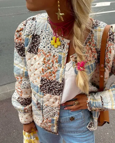 Rosa Clothing Floral Color Blocks Print Quilted Jacket In Apricot In Multi